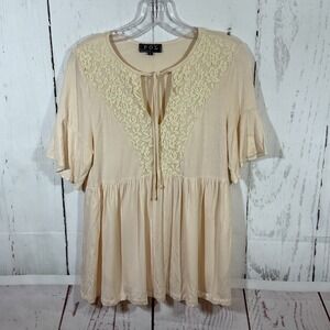 POL Cream Lace Neck Tie Babydoll Tunic Top Women S Boho Romantic Neutral Cottage